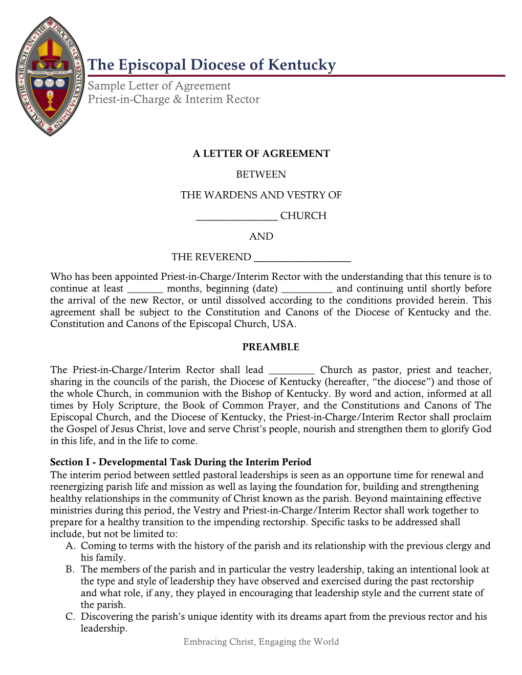 The Episcopal Diocese of Kentucky Sample Letter of Agreement Priest-In-Charge & Interim Rector