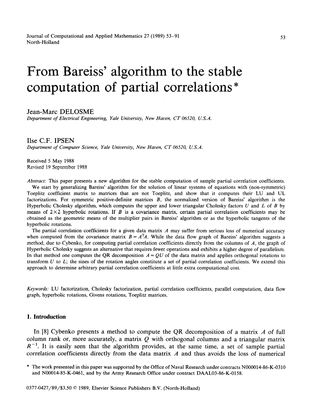 From Bareiss' Algorithm to the Stable Computation of Partial Correlations *