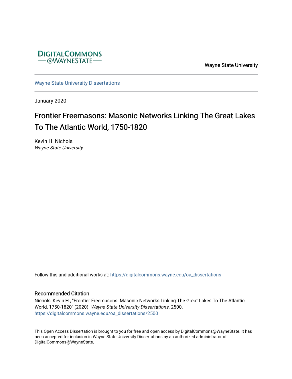 Frontier Freemasons: Masonic Networks Linking the Great Lakes to the Atlantic World, 1750-1820