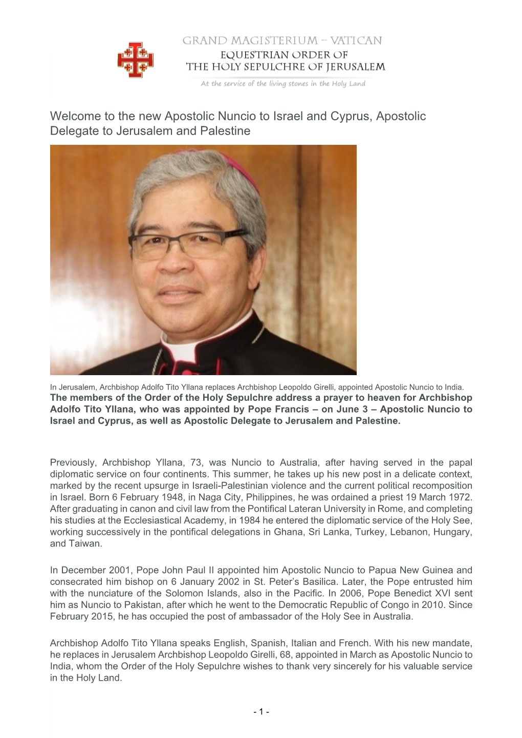 The New Apostolic Nuncio to Israel and Cyprus, Apostolic Delegate to Jerusalem and Palestine