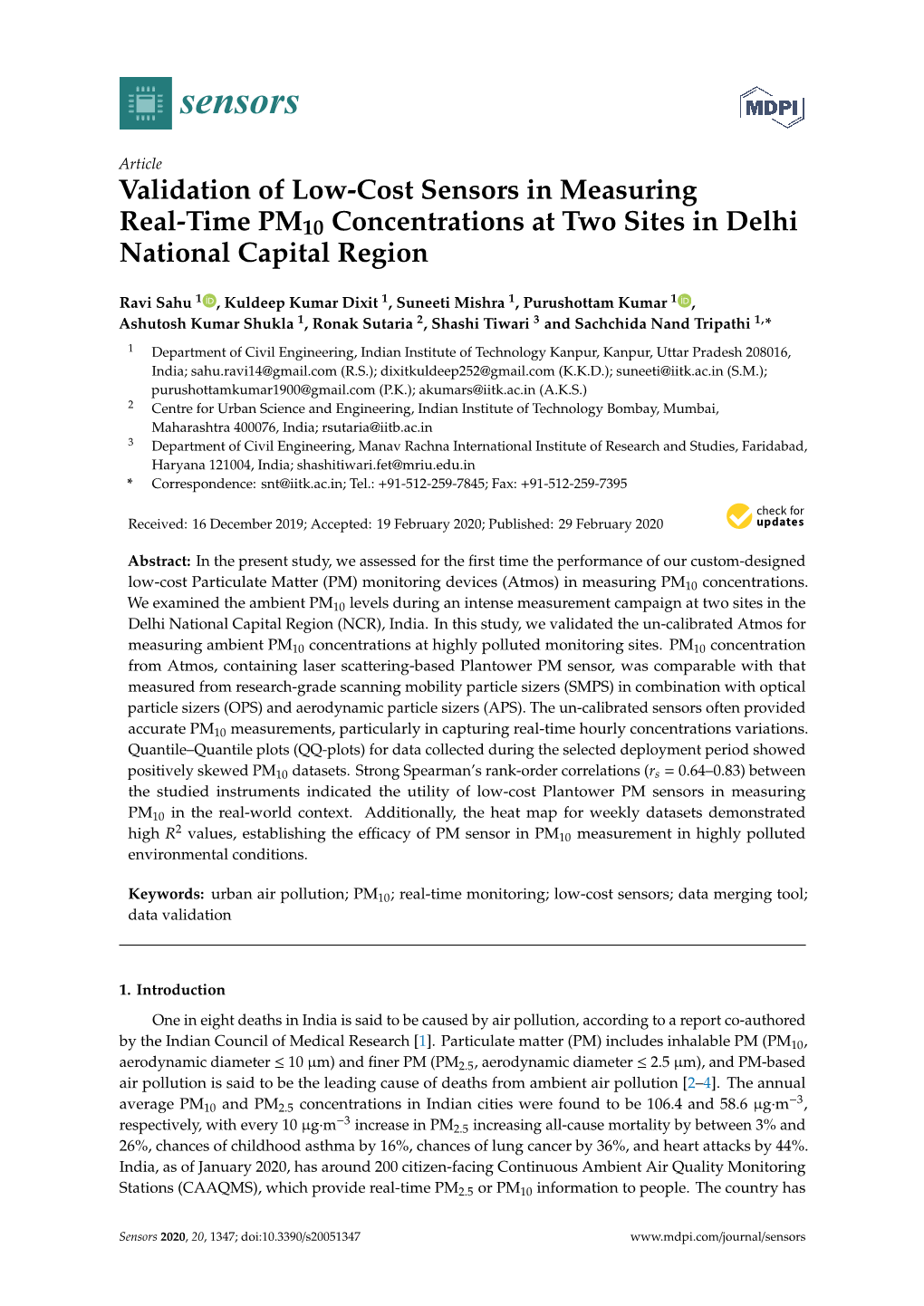 Validation of Low-Cost Sensors in Measuring Real-Time PM10 Concentrations at Two Sites in Delhi National Capital Region