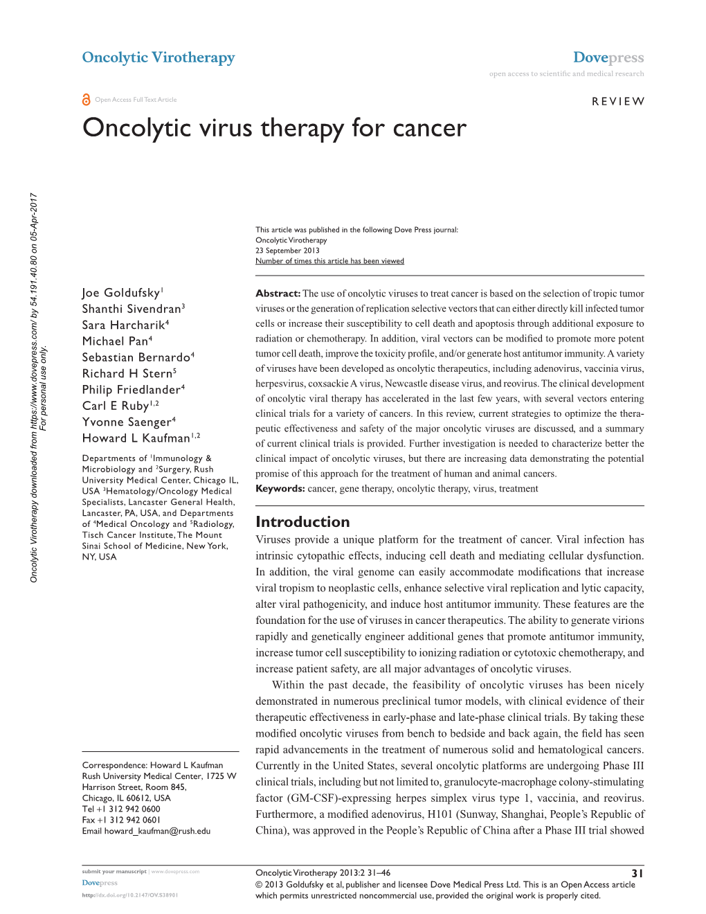 Oncolytic Virus Therapy for Cancer