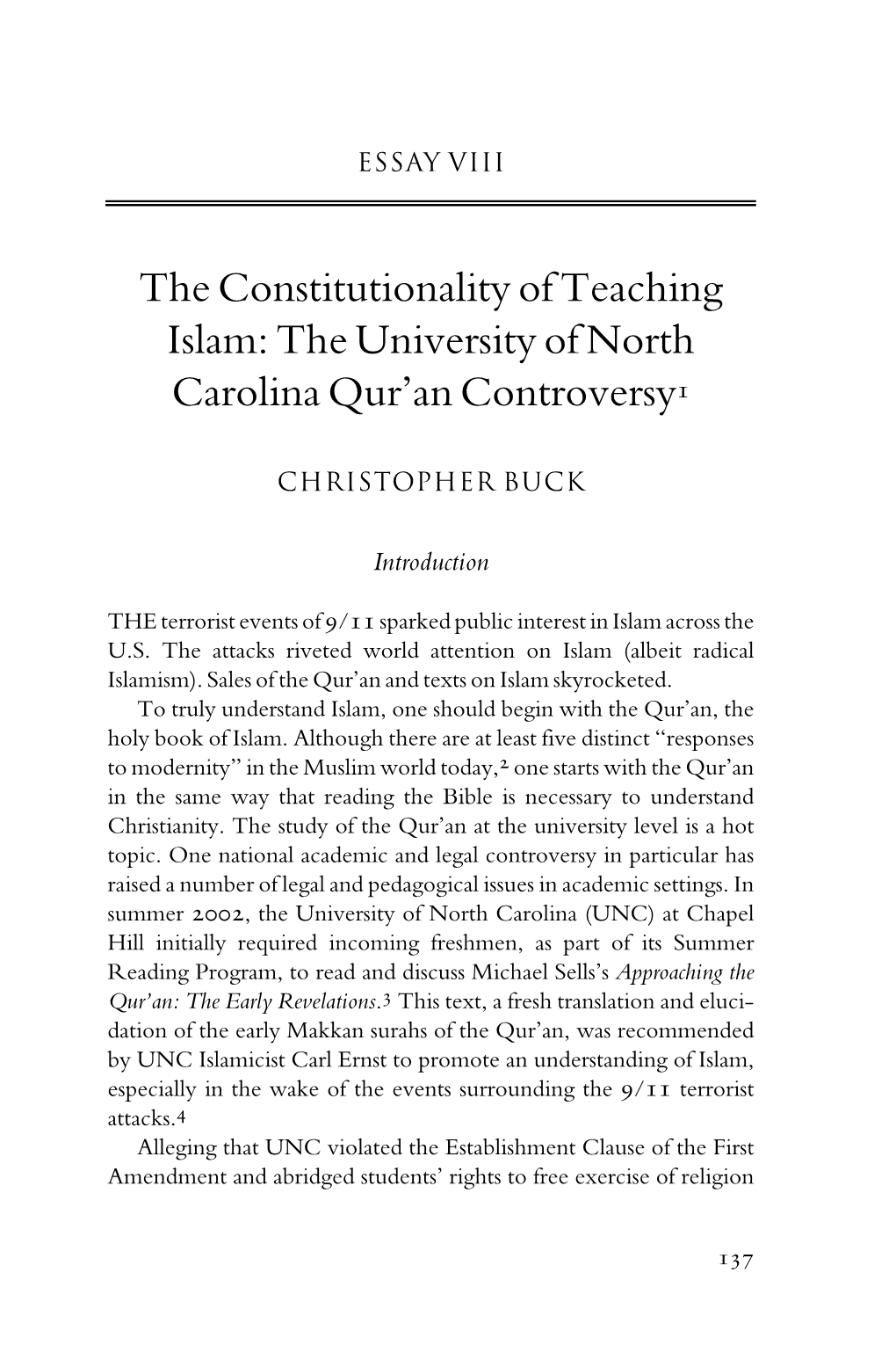 The Constitutionality of Teaching Islam: the University of North Carolina Qur’An Controversy 1