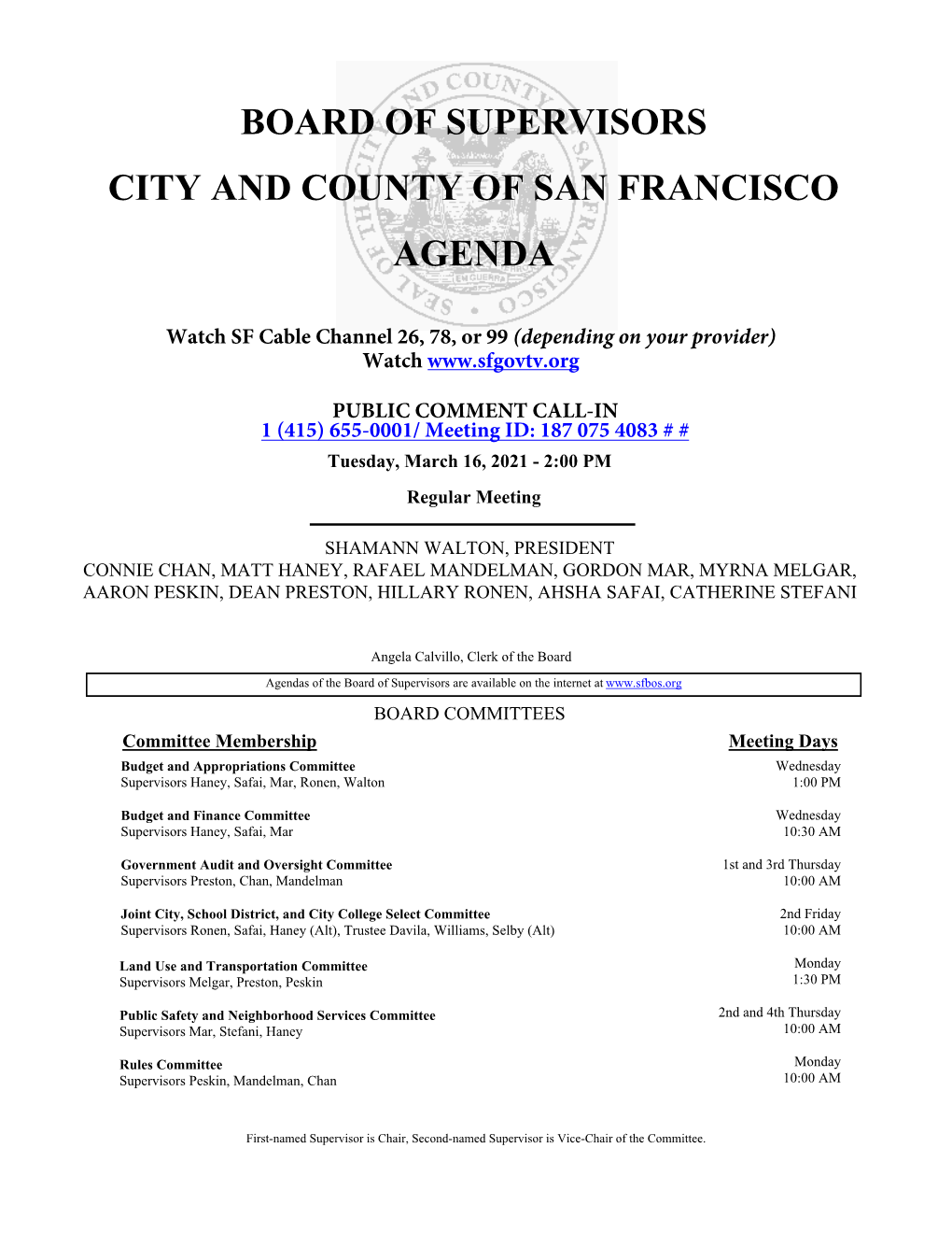 Board of Supervisors City and County of San Francisco Agenda