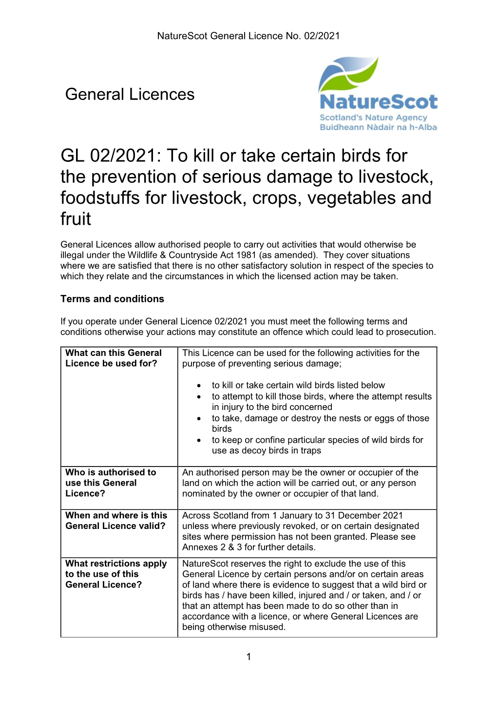 GL 02/2021: to Kill Or Take Certain Birds for the Prevention of Serious Damage to Livestock, Foodstuffs for Livestock, Crops, Vegetables and Fruit