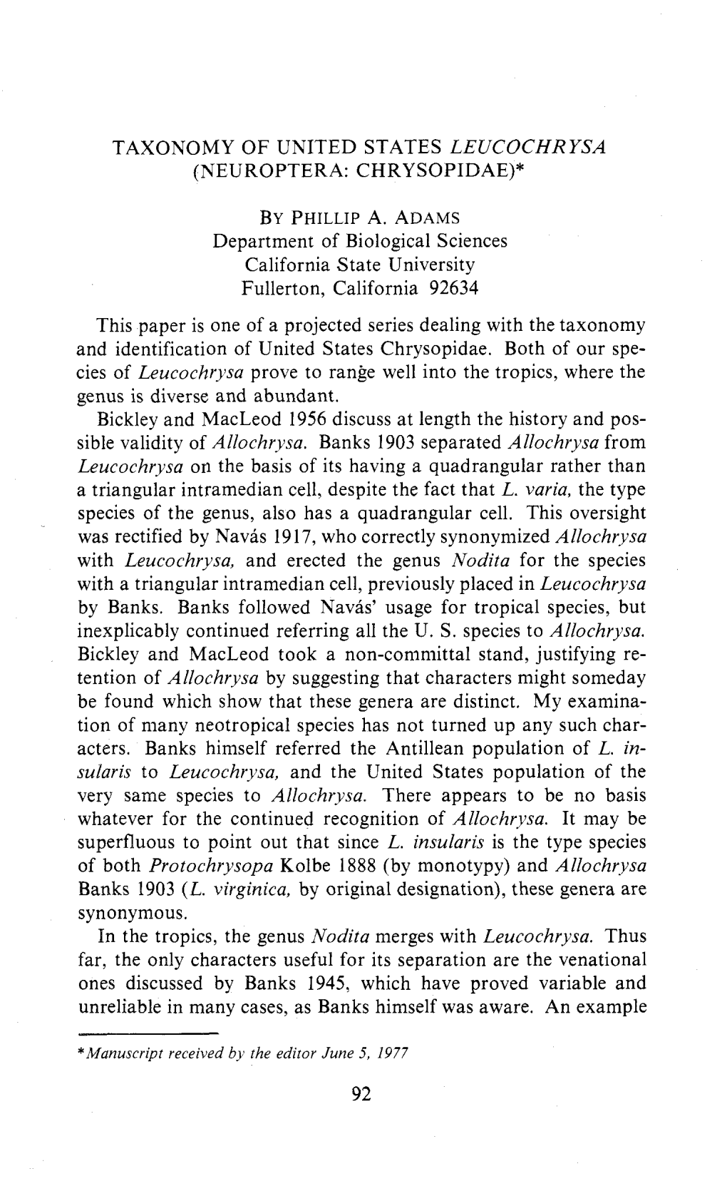 TAXONOMY of UNITED STATES LEUCOCHRYSA (NEUROPTERA: CHRYSOPIDAE)* Department of Biological Sciences California State University F