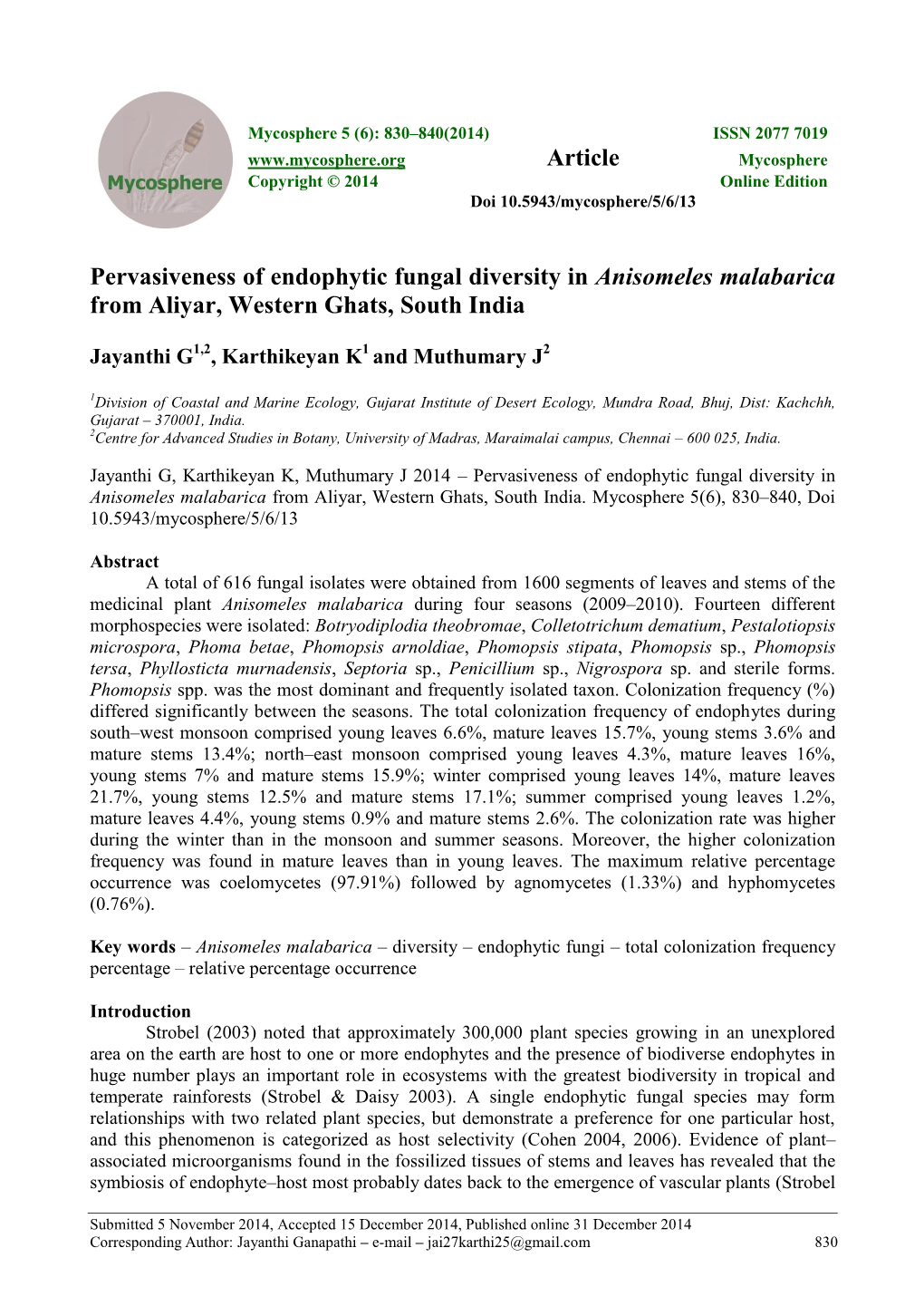 Pervasiveness of Endophytic Fungal Diversity in Anisomeles Malabarica from Aliyar, Western Ghats, South India