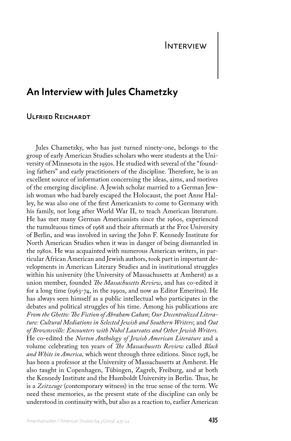 Interview an Interview with Jules Chametzky