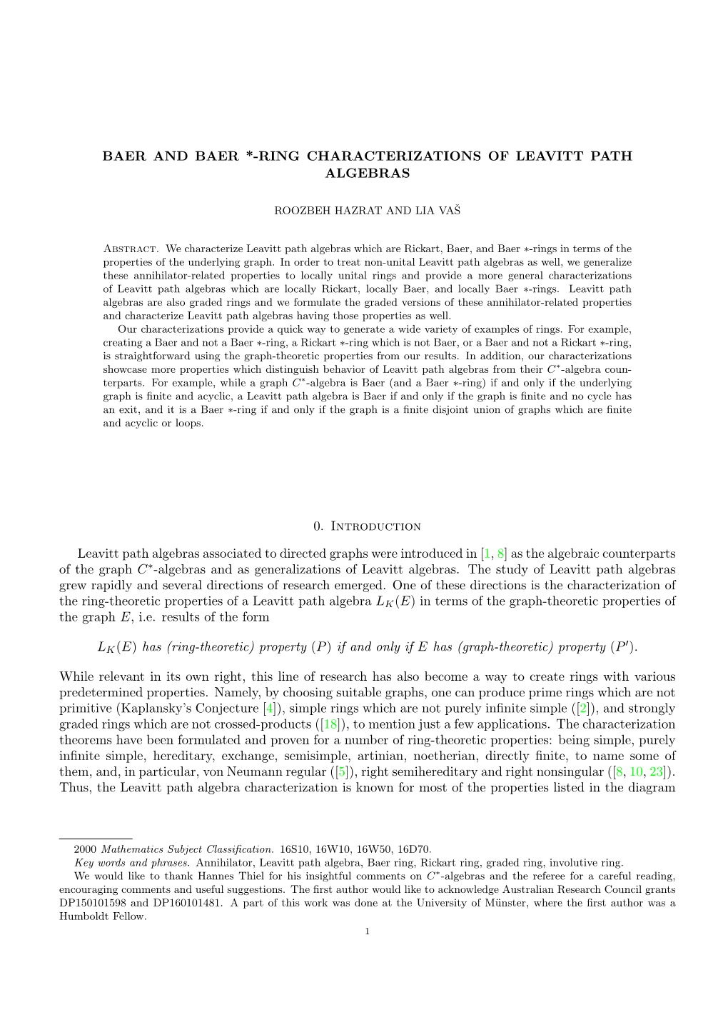 BAER and BAER *-RING CHARACTERIZATIONS of LEAVITT PATH ALGEBRAS 0. Introduction Leavitt Path Algebras Associated to Directed