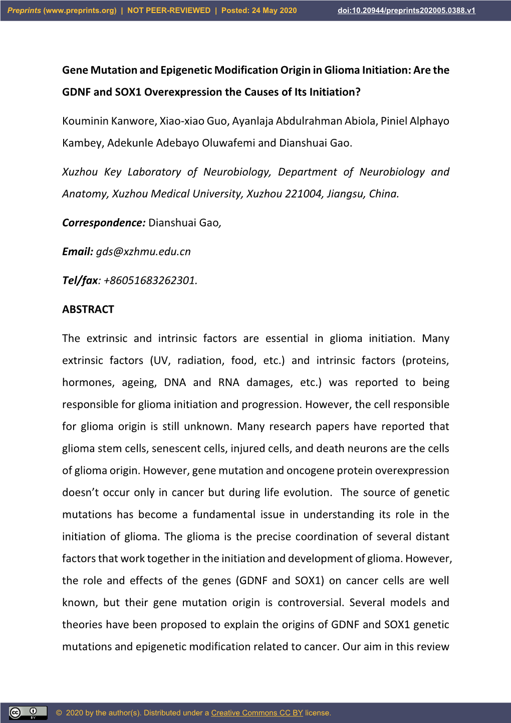 Gene Mutation and Epigenetic Modification Origin in Glioma Initiation: Are the GDNF and SOX1 Overexpression the Causes of Its Initiation?