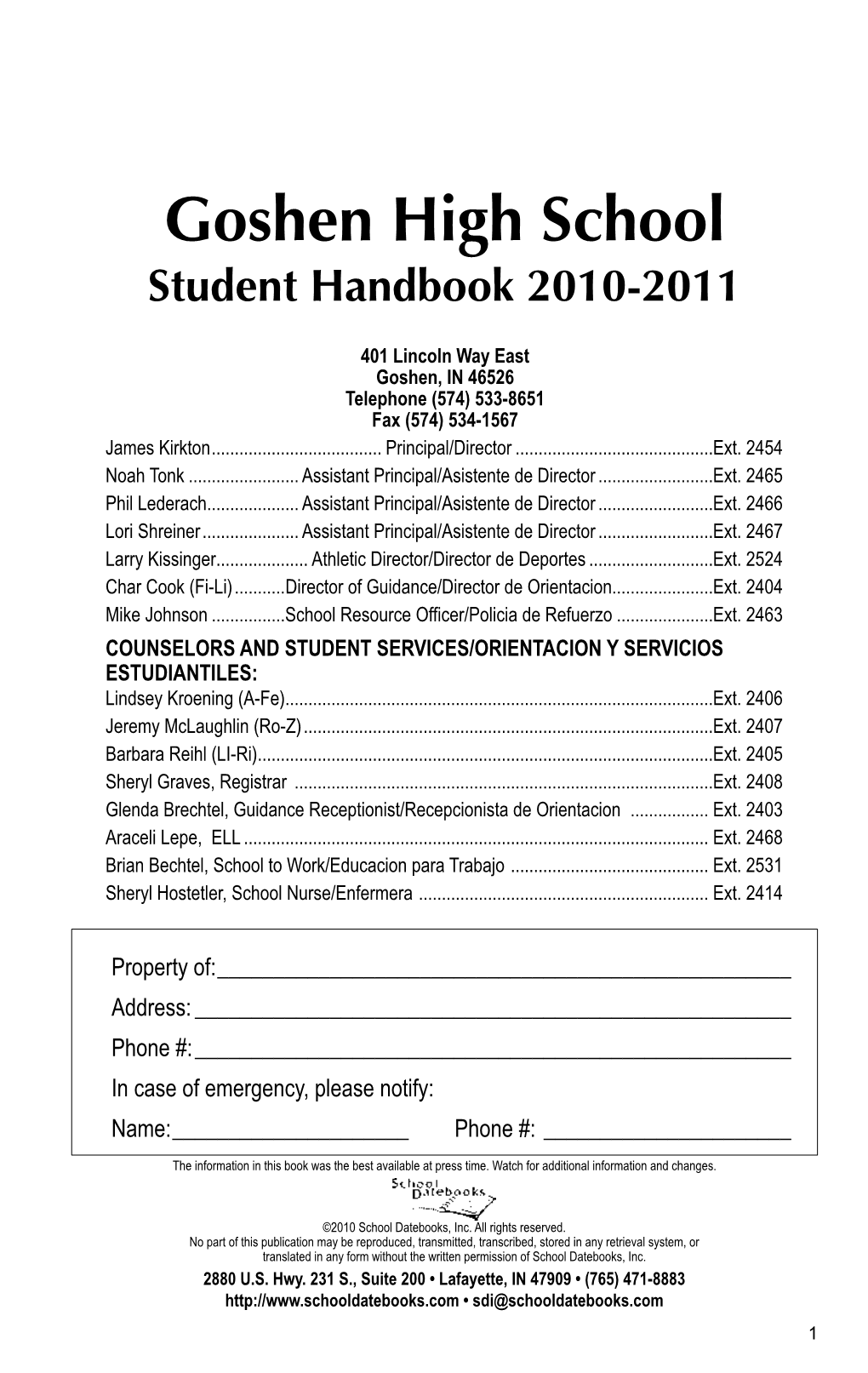 Goshen High School Student Handbook 2010-2011