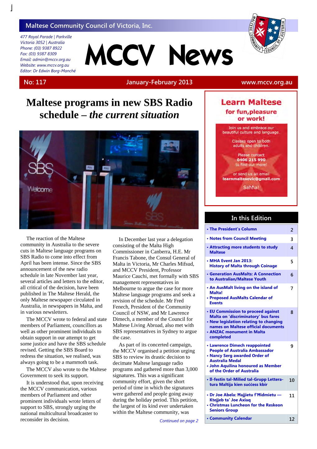 MCCV News Editor: Dr Edwin Borg-Manché No: 117 January-February 2013