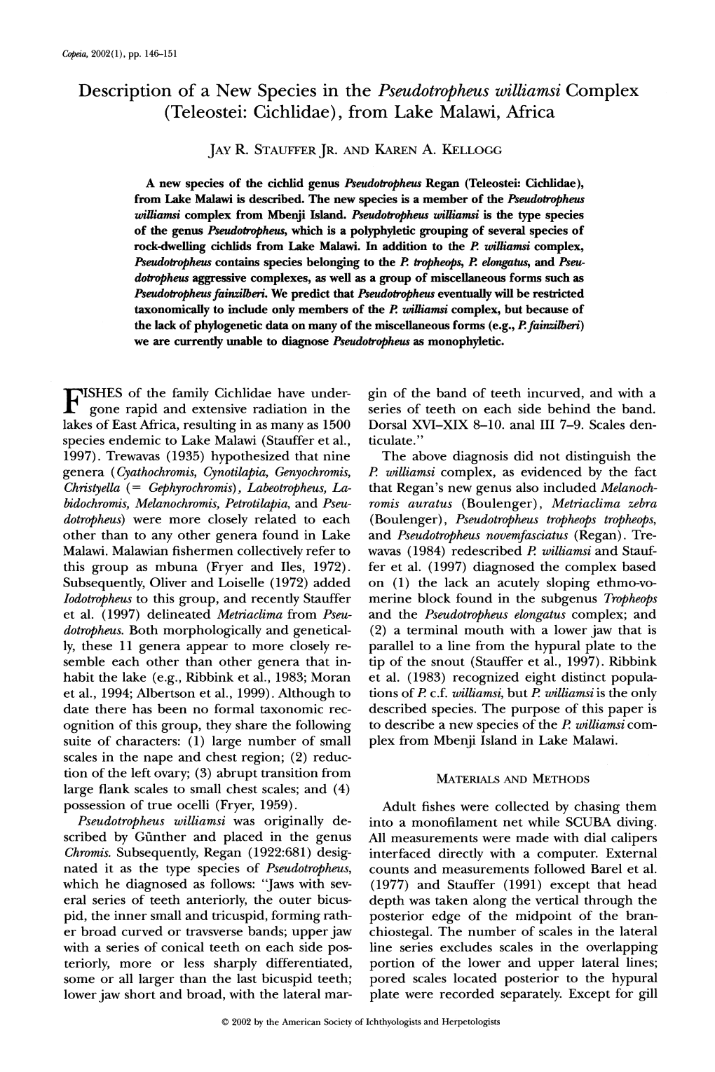 Description of a New Species in the Pseudotropheus Williamsi Complex