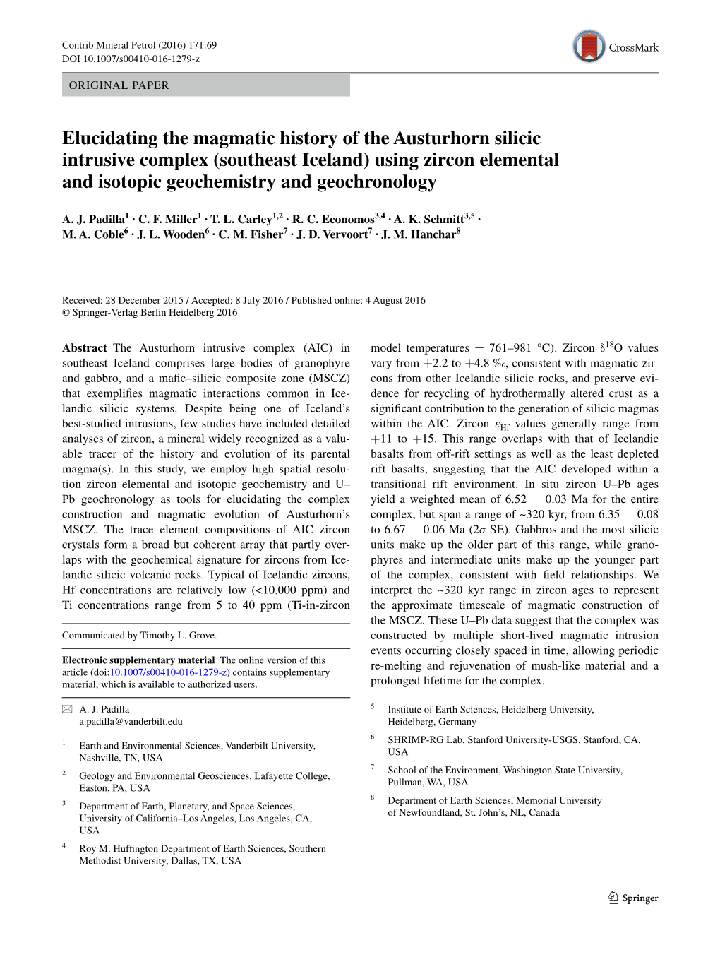 Southeast Iceland) Using Zircon Elemental and Isotopic Geochemistry and Geochronology