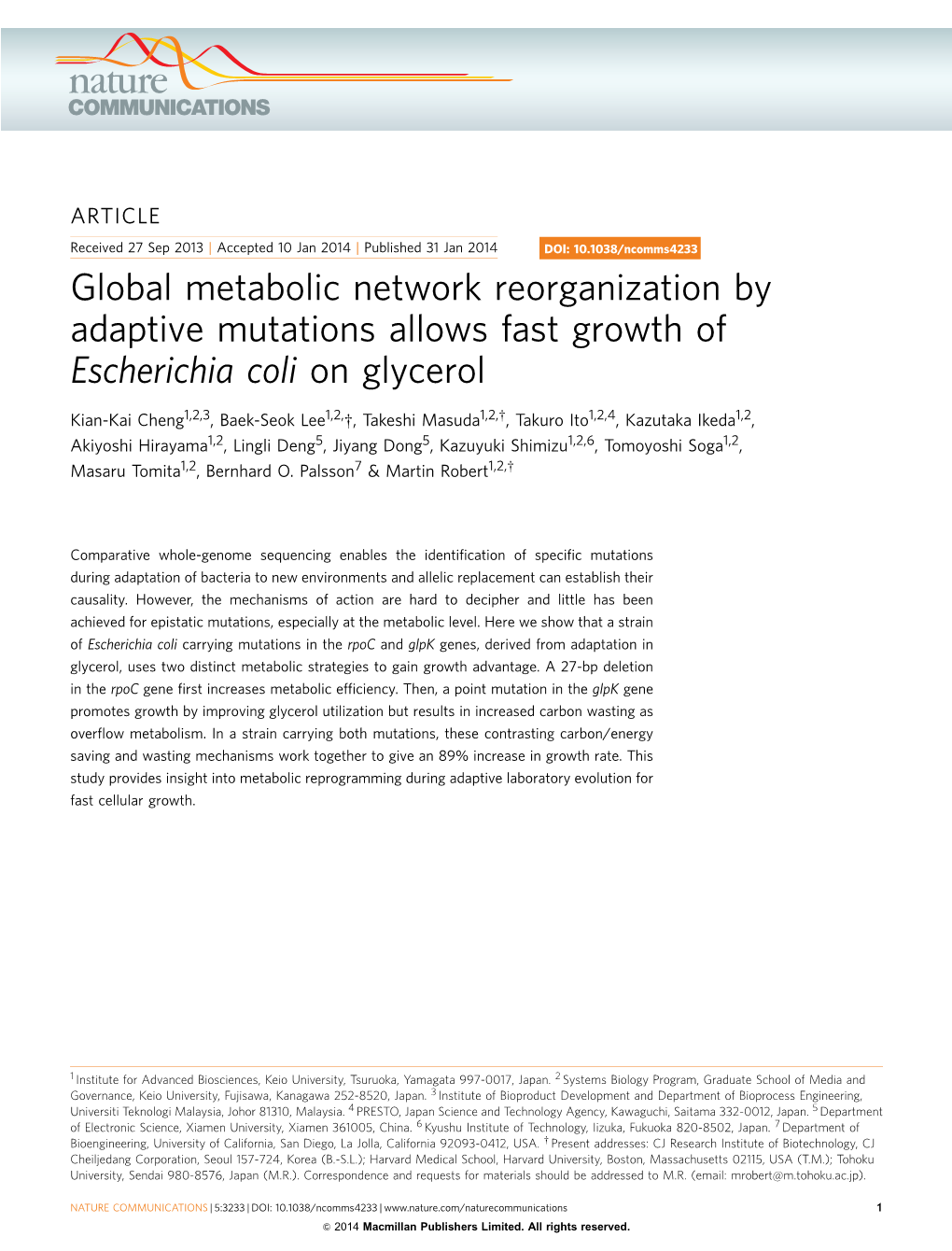 Global Metabolic Network Reorganization by Adaptive Mutations Allows Fast Growth of Escherichia Coli on Glycerol