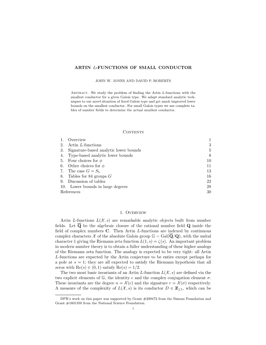 ARTIN L-FUNCTIONS of SMALL CONDUCTOR Contents 1