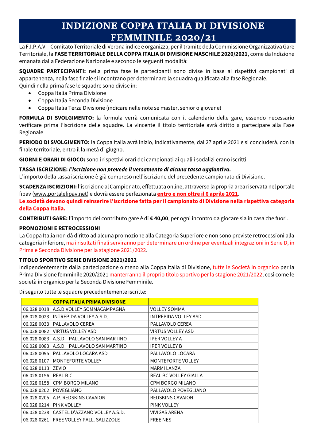 INDIZIONE COPPA ITALIA DI DIVISIONE FEMMINILE 2020/21 La F.I.P.A.V