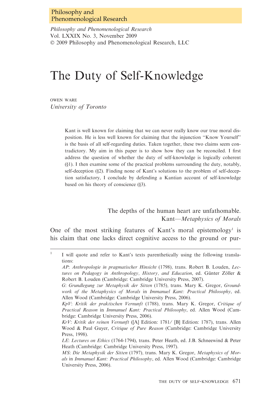 The Duty of Self-Knowledge Owen Ware University of Toronto