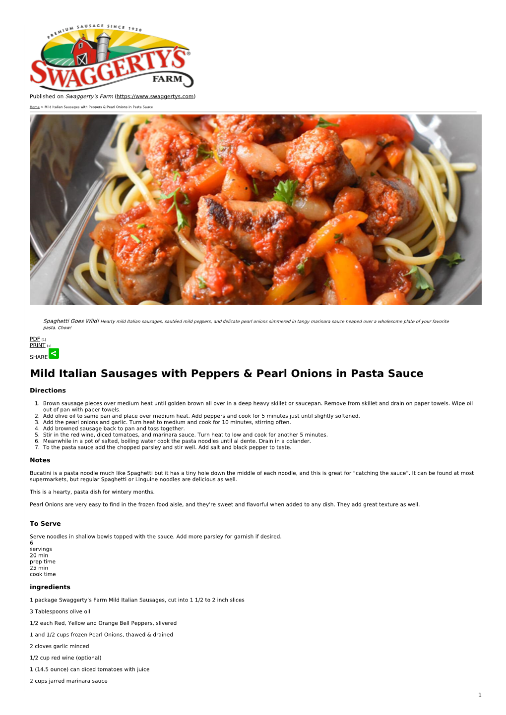 Mild Italian Sausages with Peppers & Pearl Onions in Pasta Sauce