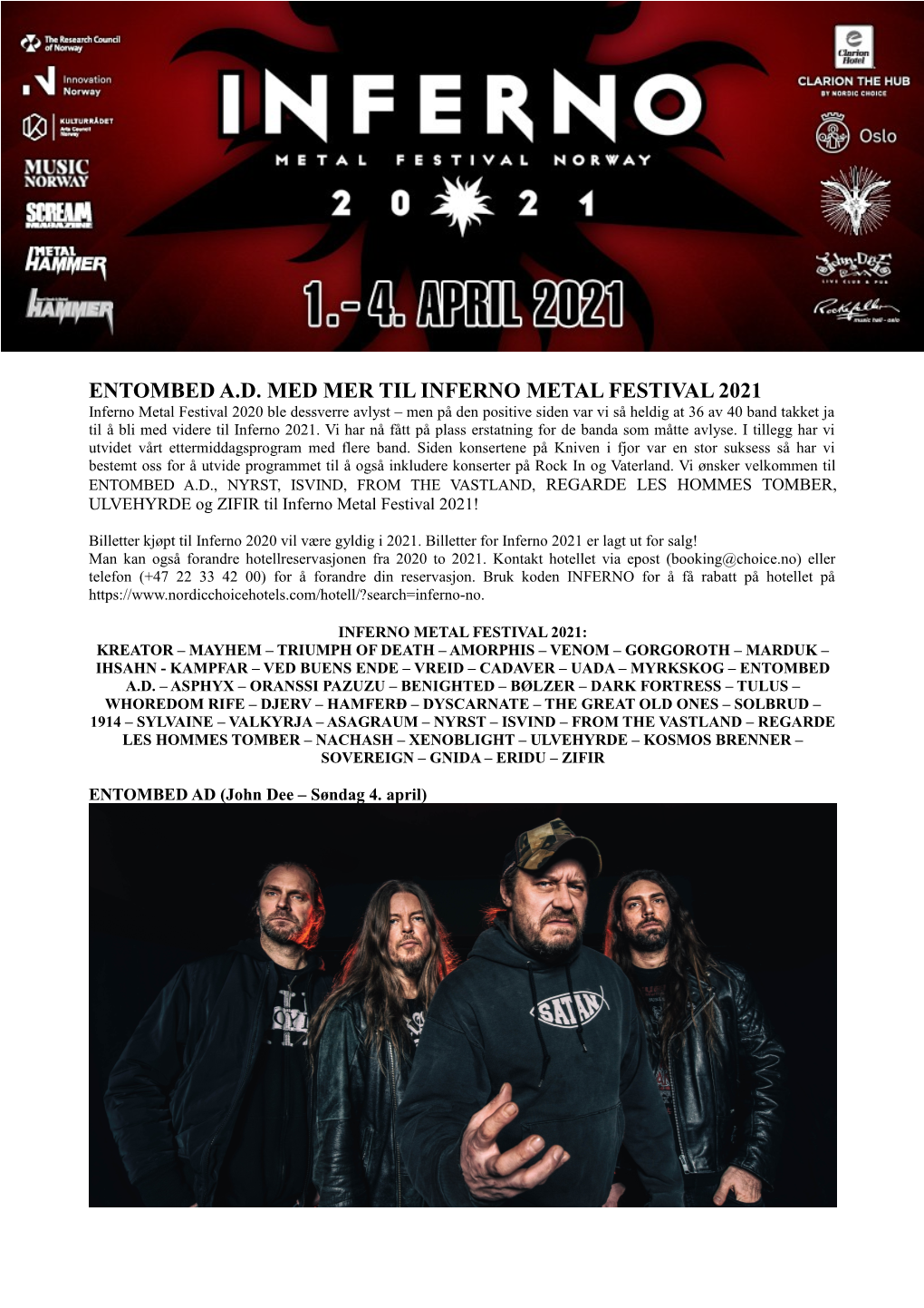Entombed A.D. Med Mer Til Inferno Metal Festival 2021
