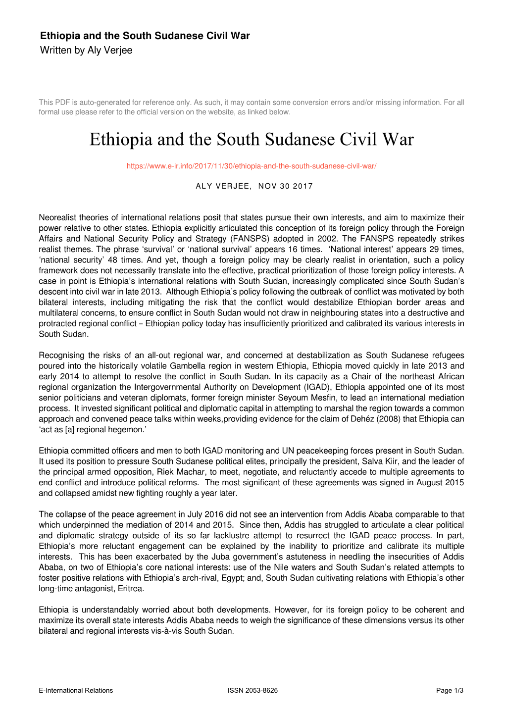 Ethiopia and the South Sudanese Civil War Written by Aly Verjee