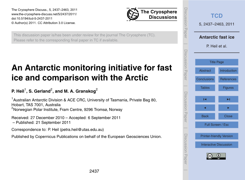 Antarctic Fast Ice Please Refer to the Corresponding ﬁnal Paper in TC If Available