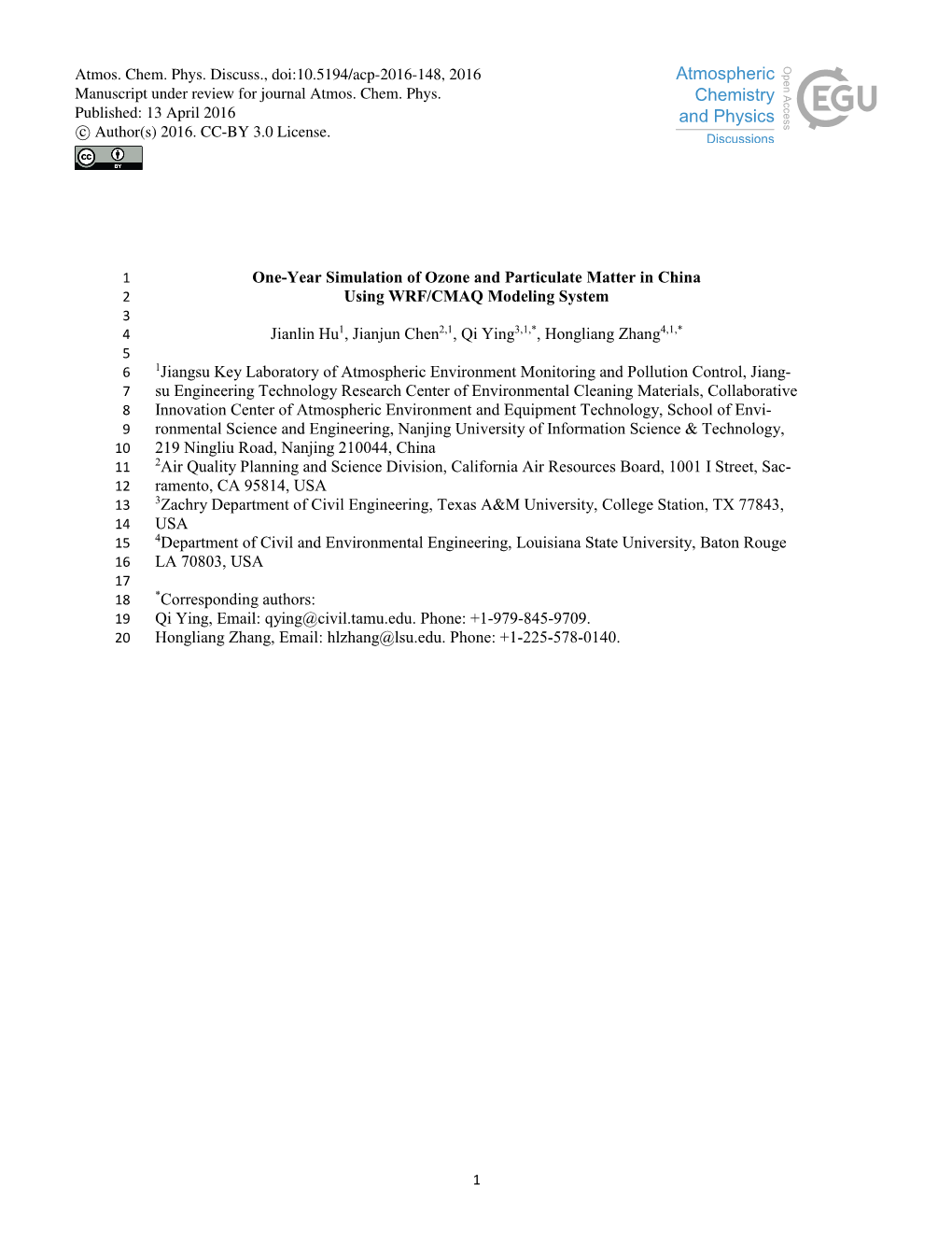 One-Year Simulation of Ozone and Particulate Matter in China Using