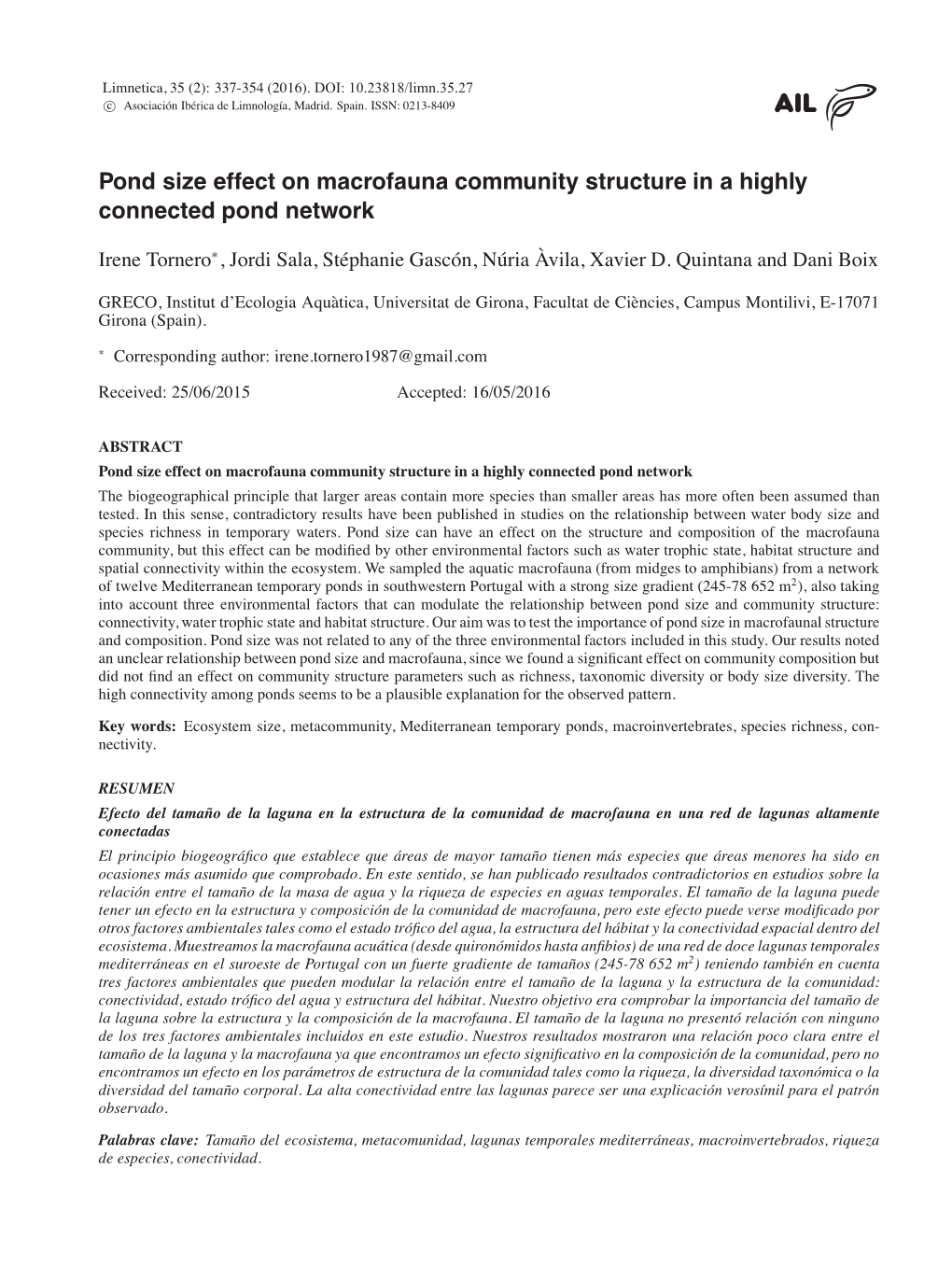 Pond Size Effect on Macrofauna Community Structure in a Highly Connected Pond Network