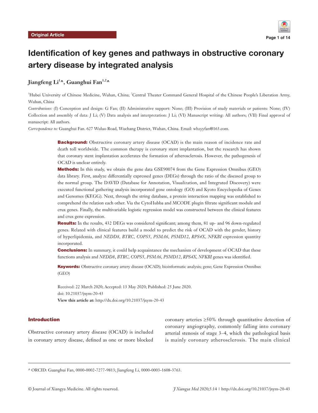 Identification of Key Genes and Pathways in Obstructive Coronary Artery Disease by Integrated Analysis