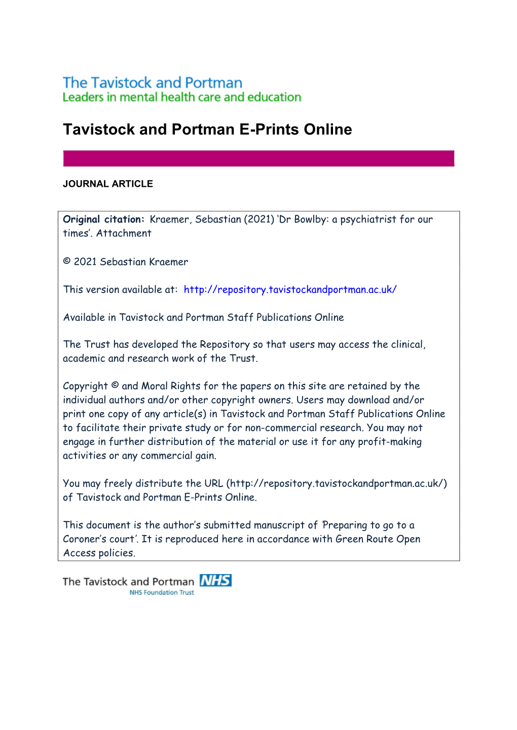 Tavistock and Portman E-Prints Online