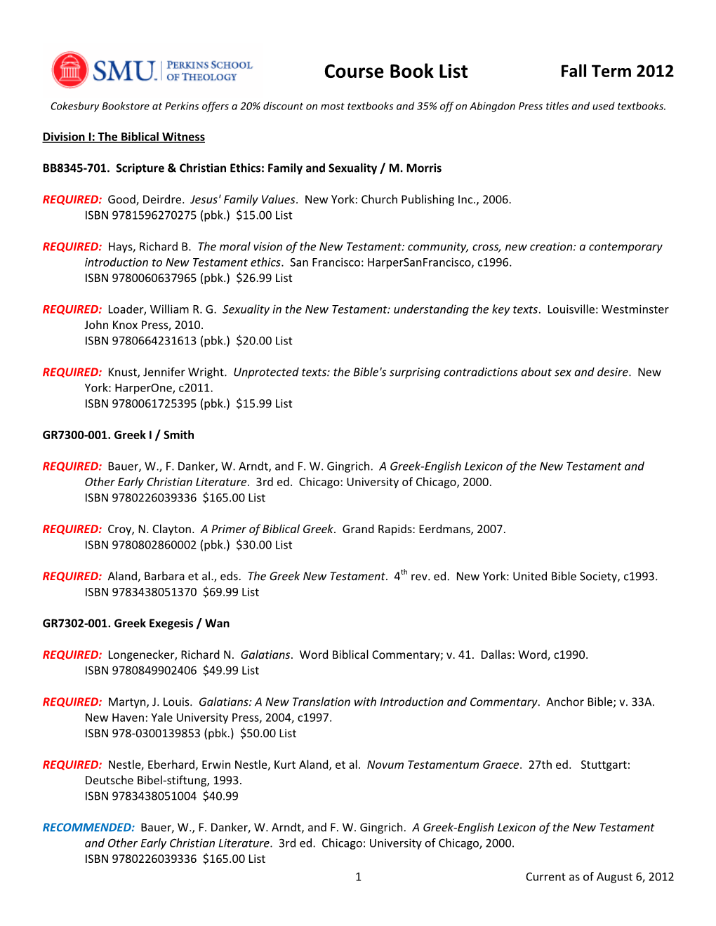 Course Book List Fall Term 2012