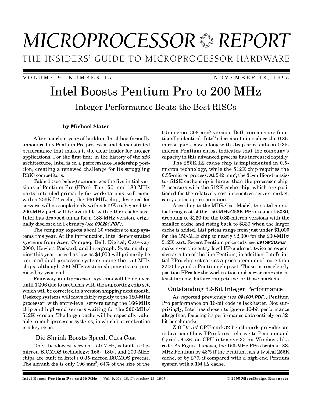 Intel Boosts Pentium Pro to 200 Mhz: 11/13/95