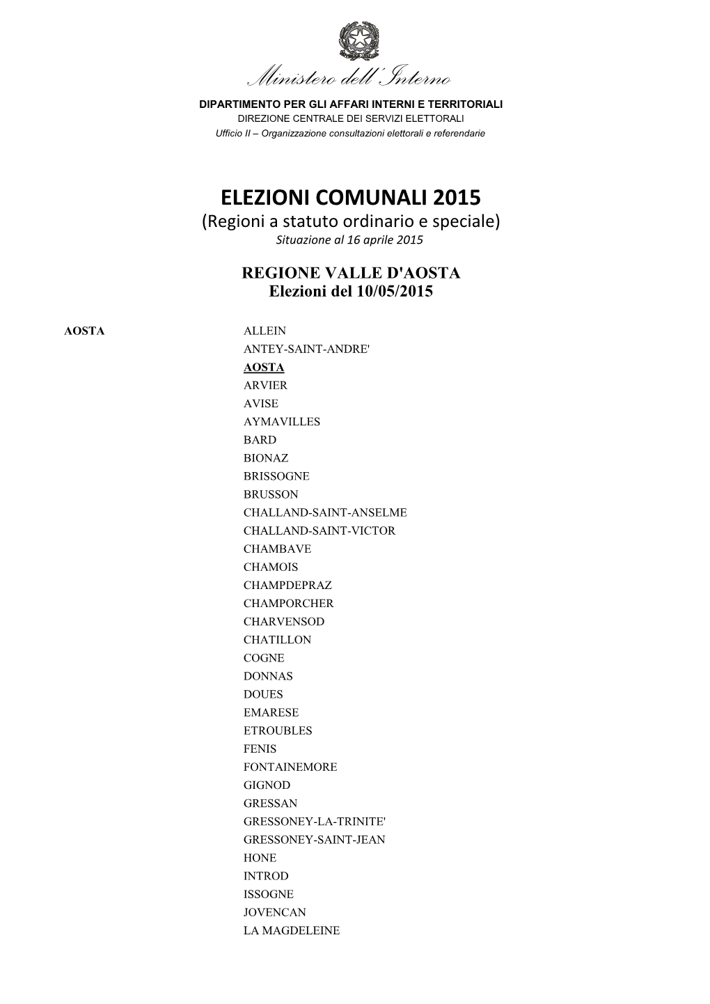 Elenco Comuni Elezioni Primavera 2015