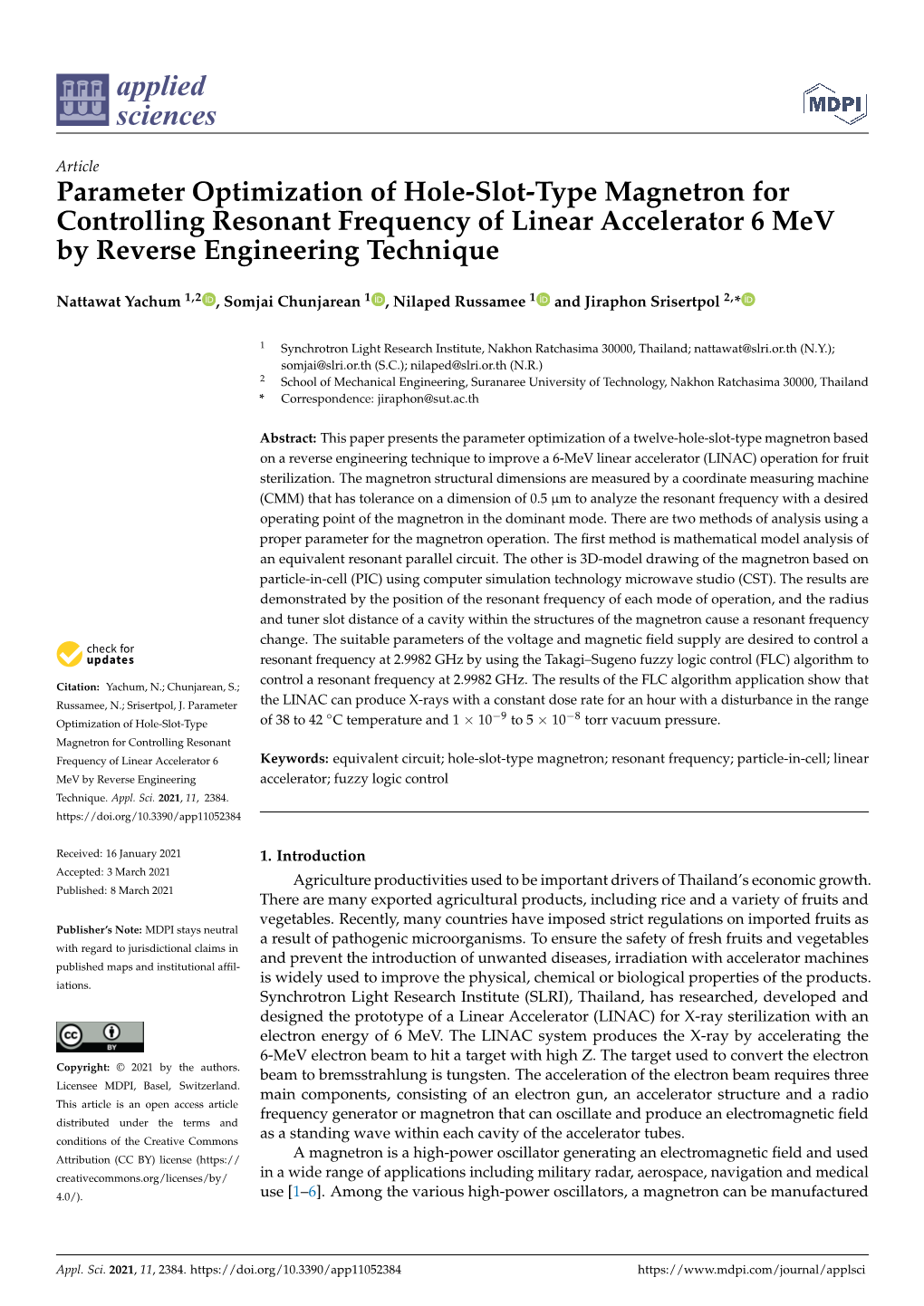 Parameter Optimization of Hole-Slot-Type Magnetron for Controlling Resonant Frequency of Linear Accelerator 6 Mev by Reverse Engineering Technique