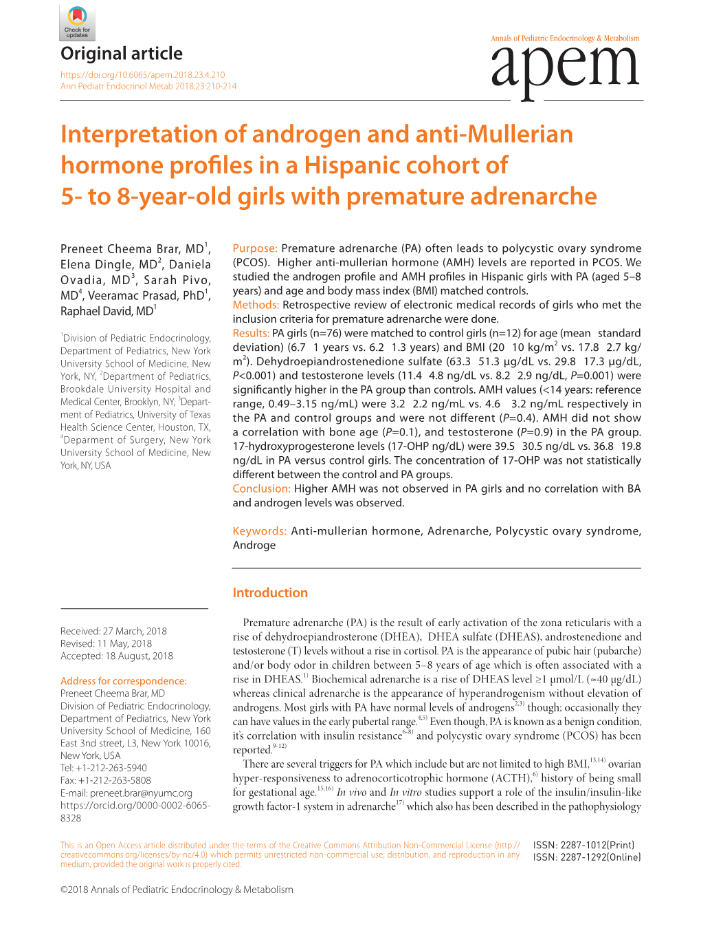 Interpretation of Androgen and Anti-Mullerian Hormone Profiles in a Hispanic Cohort of 5- to 8-Year-Old Girls with Premature Adrenarche