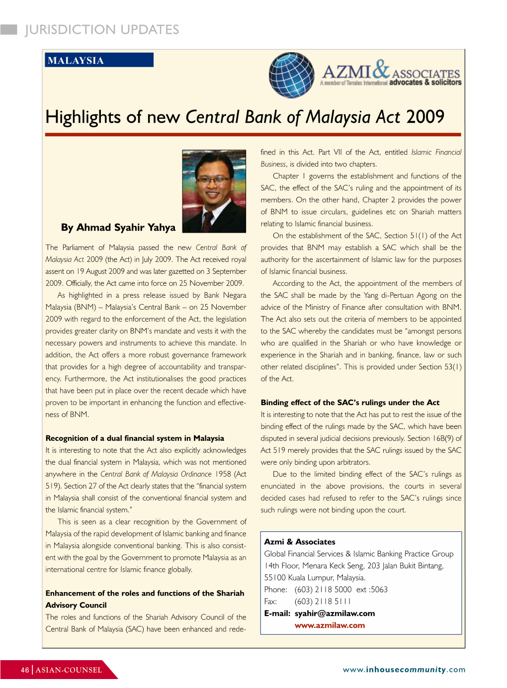 Highlights of New Central Bank of Malaysia Act 2009