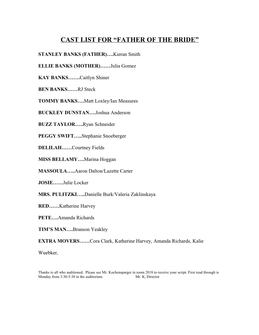 Cast List for Winter Play