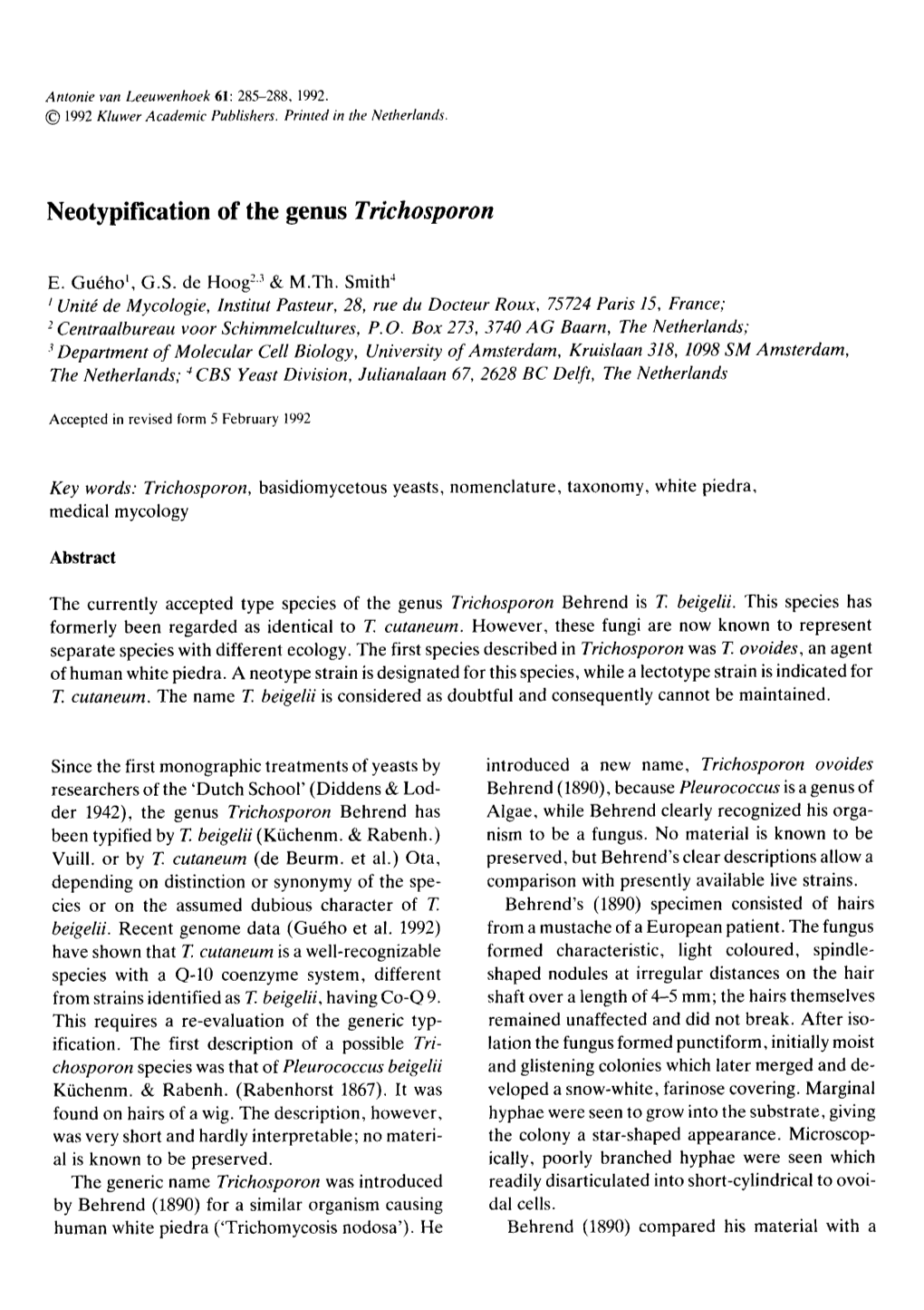 Neotypification of the Genus Trichosporon