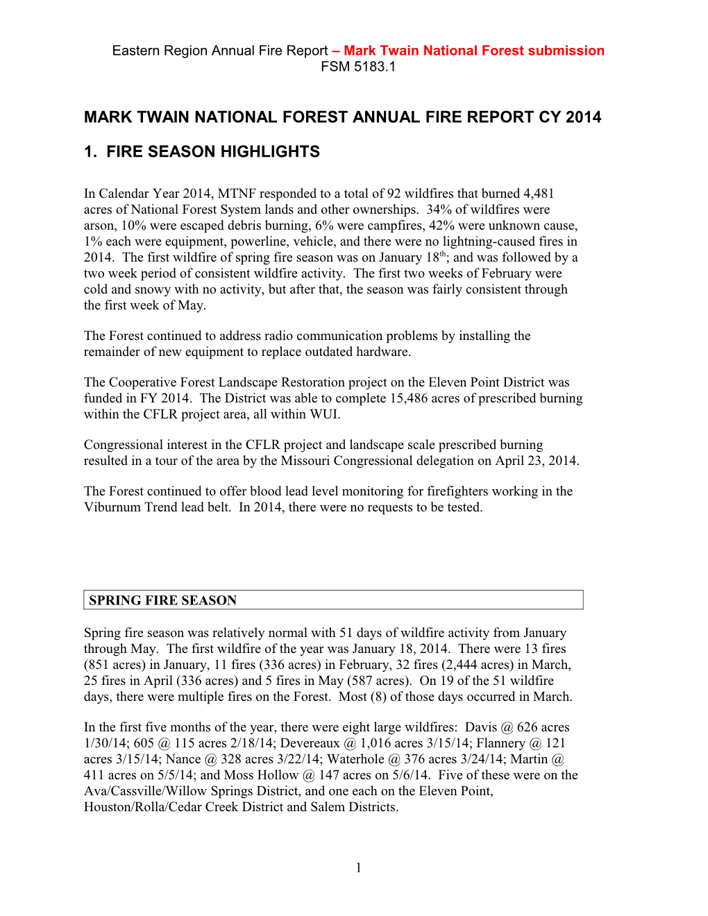 Mark Twain National Forest Annual Fire Report Cy 2014