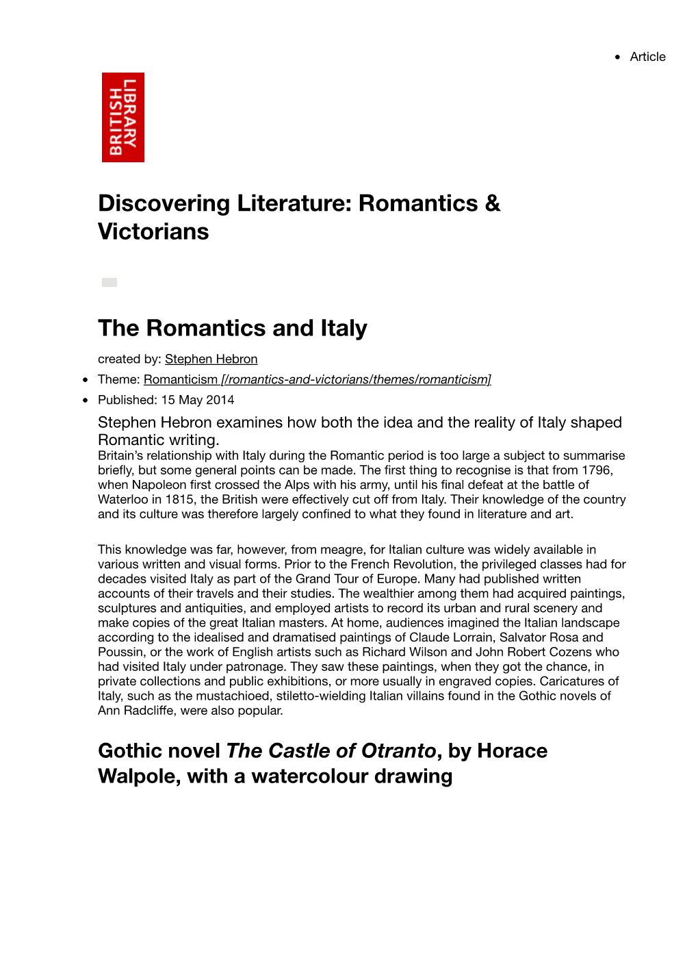 The Romantics and Italy Discovering Literature