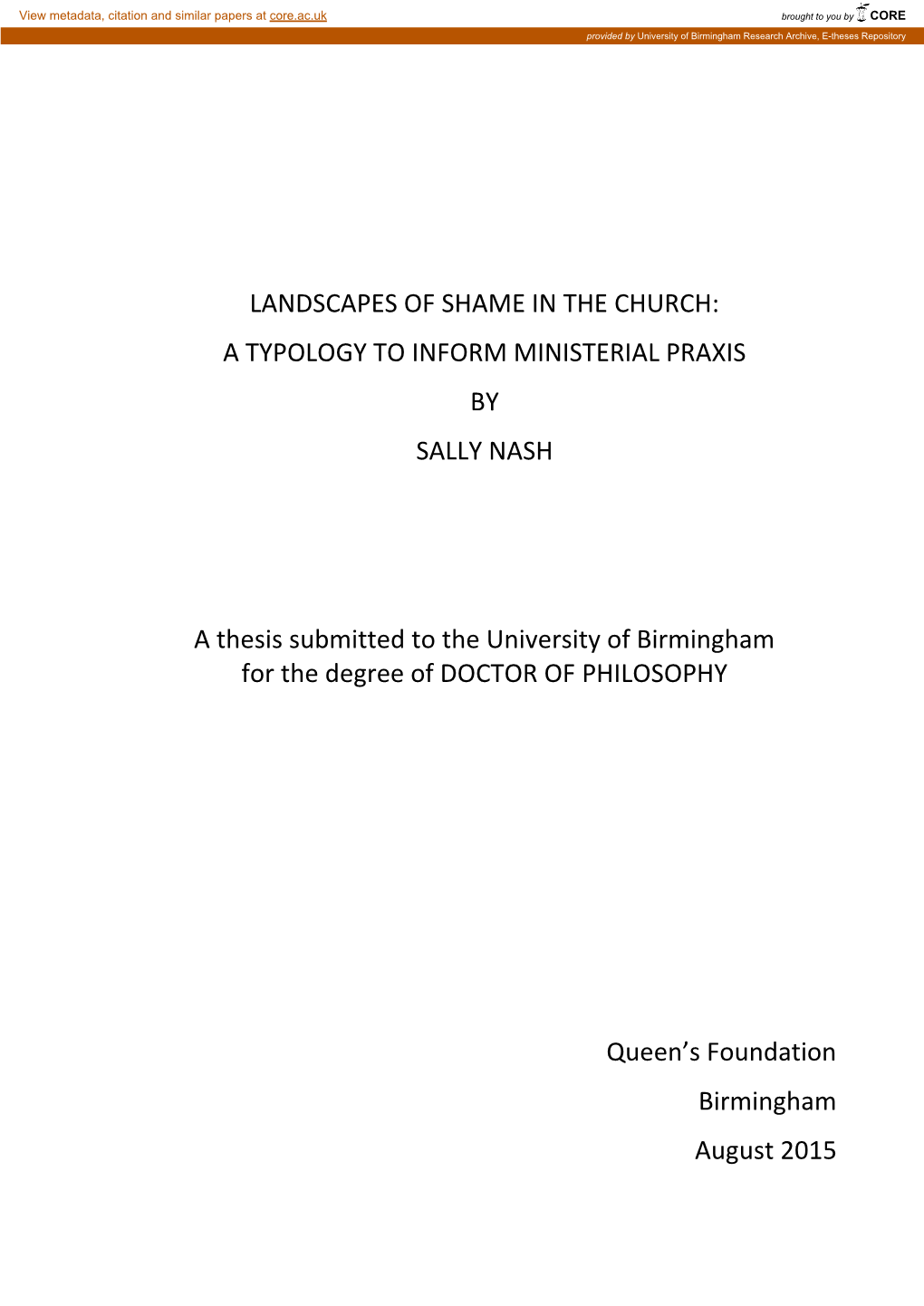 Landscapes of Shame in the Church: a Typology to Inform Ministerial Praxis by Sally Nash