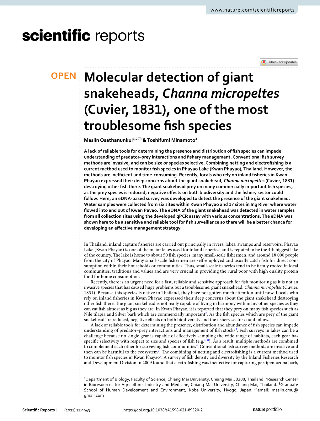 Molecular Detection of Giant Snakeheads, Channa Micropeltes (Cuvier, 1831), One of the Most Troublesome Fish Species