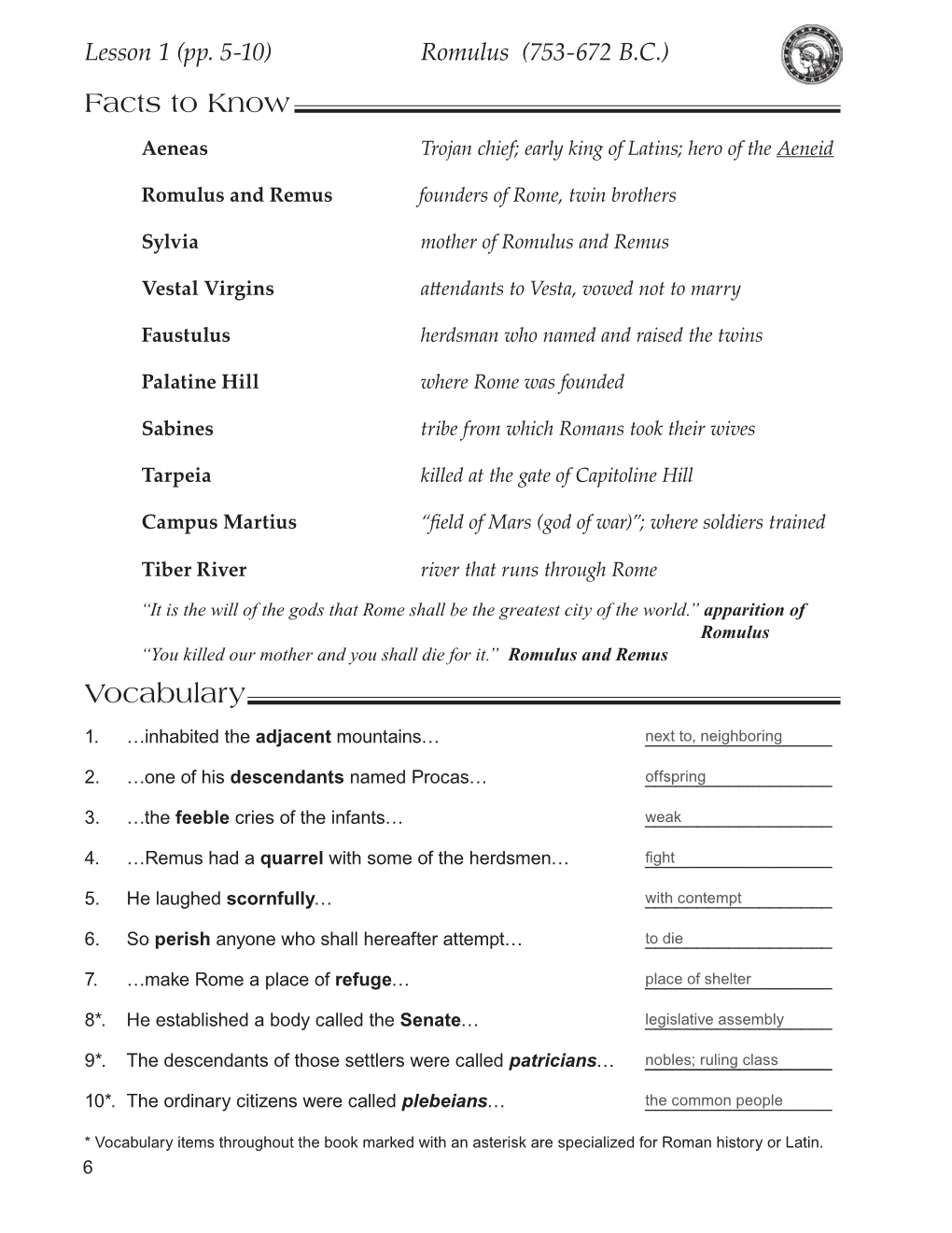 Lesson 1 (Pp. 5-10) Romulus (753-672