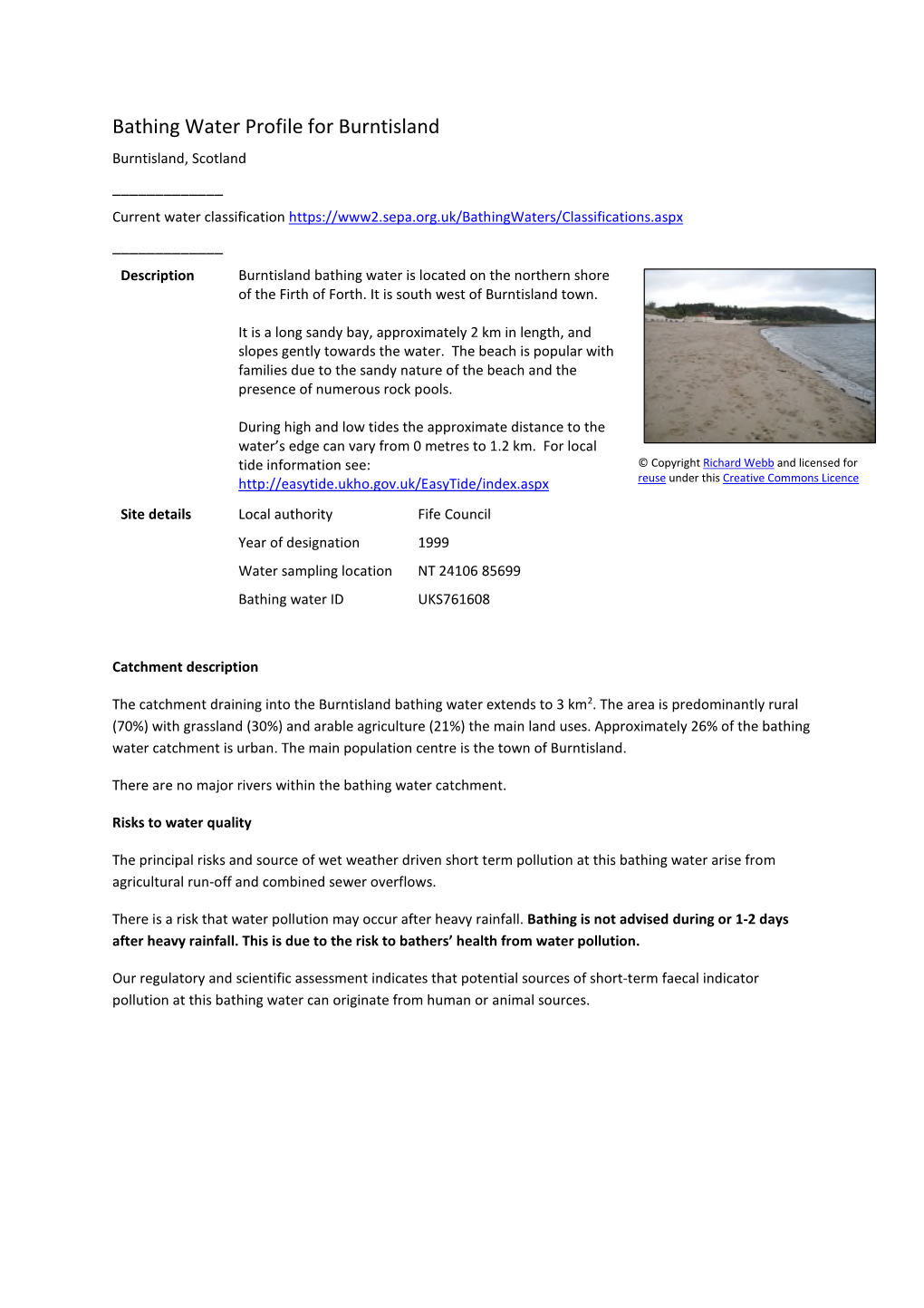 Bathing Water Profile for Burntisland