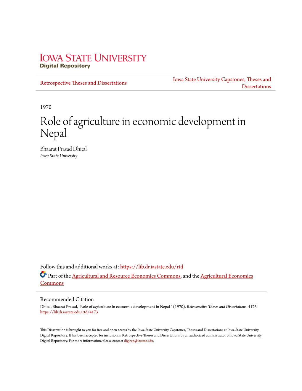 Role of Agriculture in Economic Development in Nepal Bhaarat Prasad Dhital Iowa State University