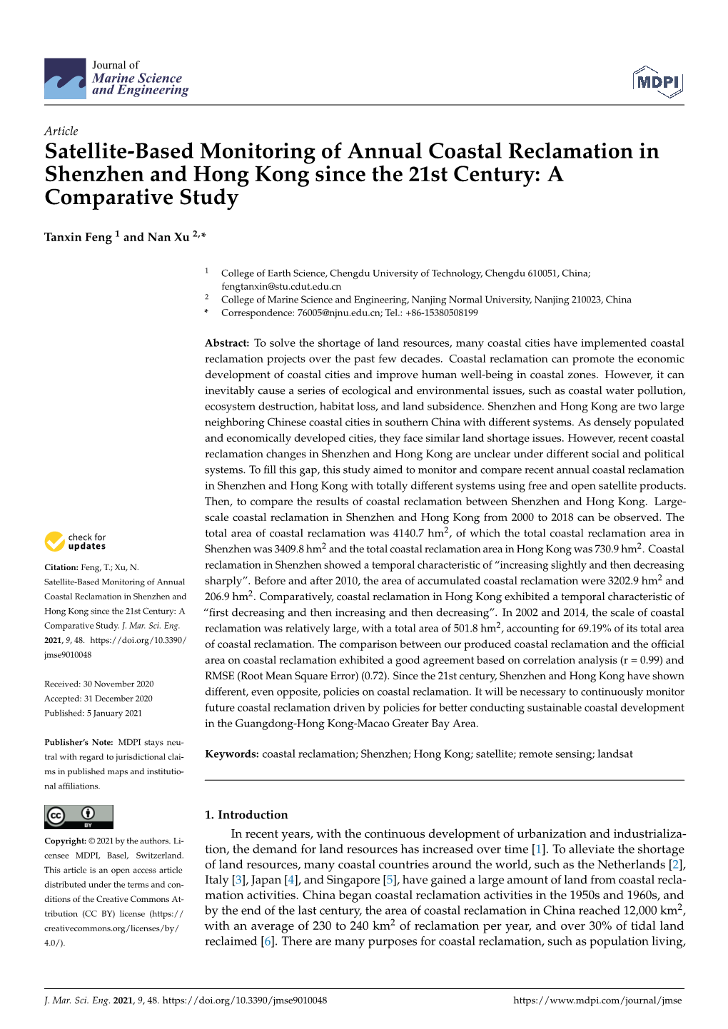 Satellite-Based Monitoring of Annual Coastal Reclamation in Shenzhen and Hong Kong Since the 21St Century: a Comparative Study