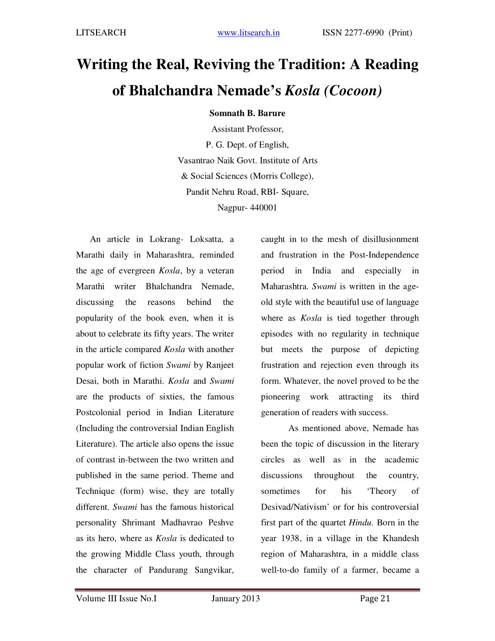 A Reading of Bhalchandra Nemade's Kosla (Cocoon)