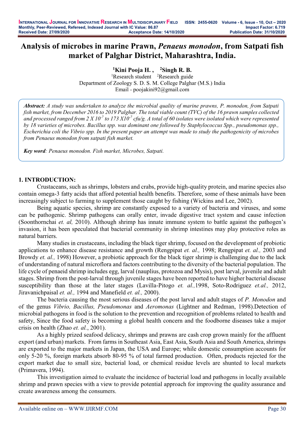 Analysis of Microbes in Marine Prawn, Penaeus Monodon, from Satpati Fish Market of Palghar District, Maharashtra, India