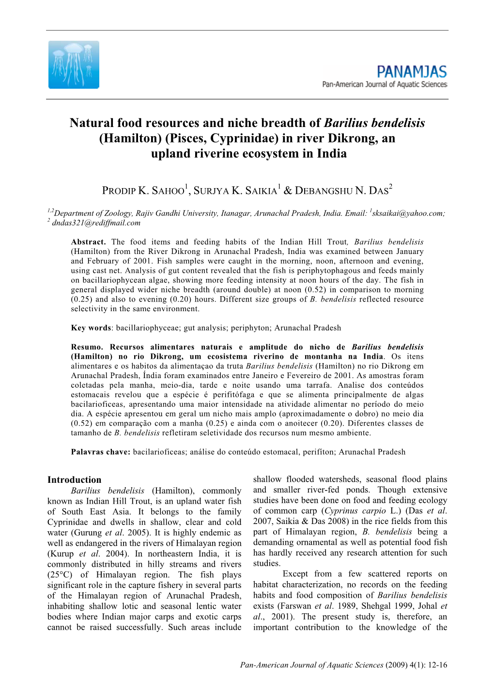 Natural Food Resources and Niche Breadth of Barilius Bendelisis (Hamilton) (Pisces, Cyprinidae) in River Dikrong, an Upland Riverine Ecosystem in India