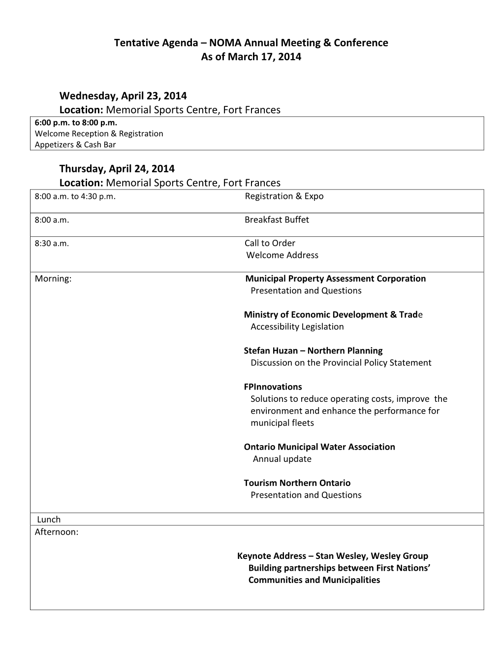 Tentative Agenda – NOMA Annual Meeting & Conference As of March 17, 2014